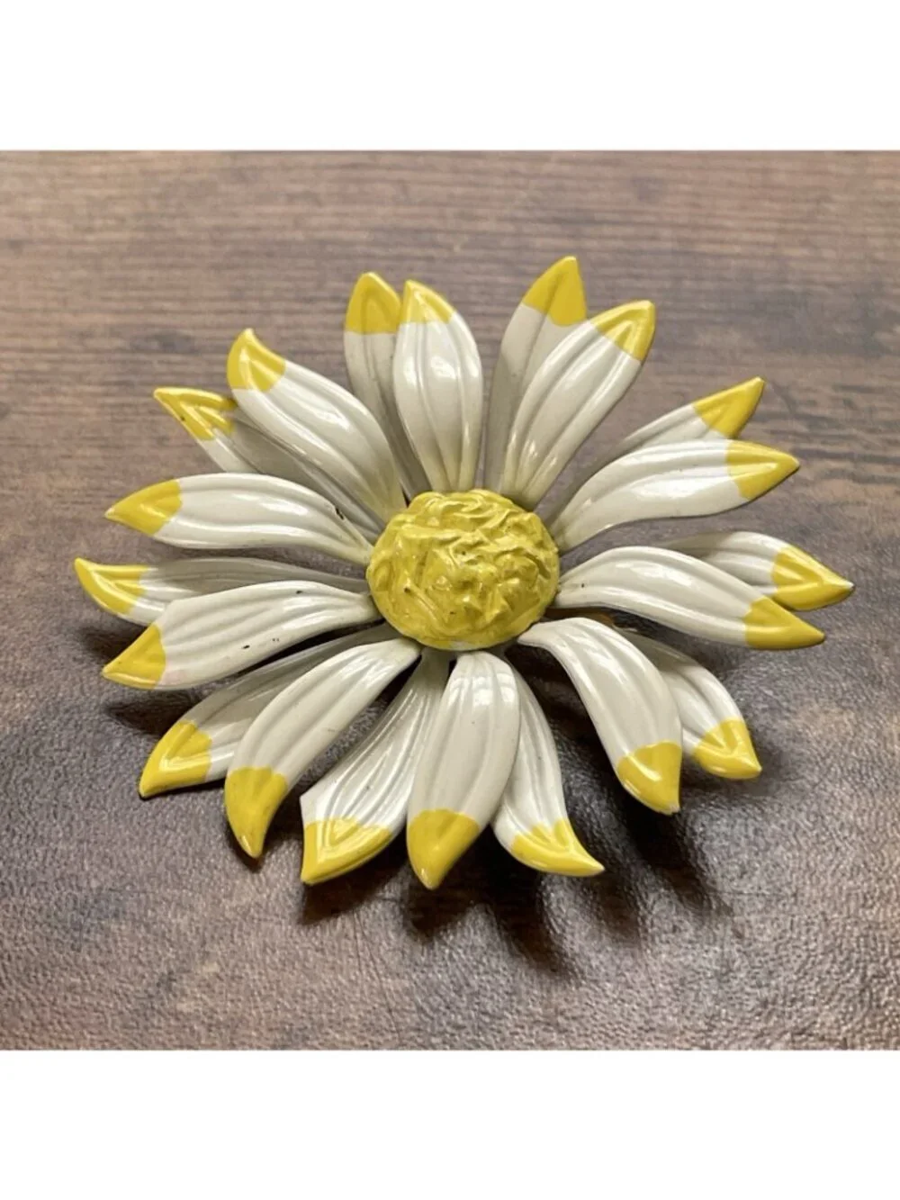 Vintage 1960s Enamel Flower Brooch Yellow White Large 2 1/2